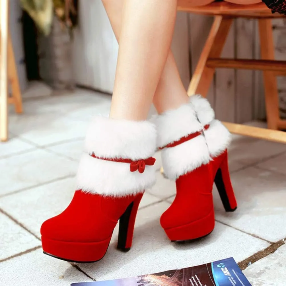 Christmas Ankle Boots Winter High Heel Platform Boot Plush Zipper Ankle Shoes Women Winter Short Boot with Bow Decor