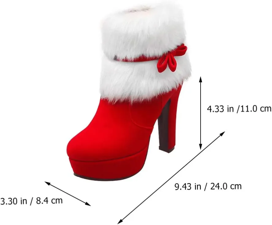 Christmas Ankle Boots Winter High Heel Platform Boot Plush Zipper Ankle Shoes Women Winter Short Boot with Bow Decor