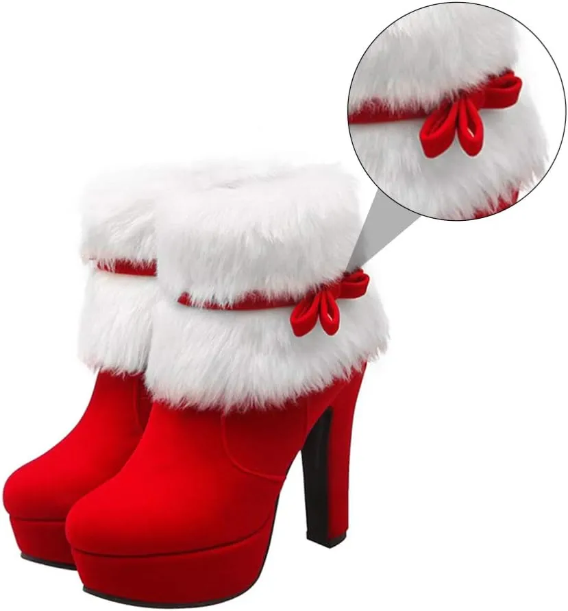 Christmas Ankle Boots Winter High Heel Platform Boot Plush Zipper Ankle Shoes Women Winter Short Boot with Bow Decor