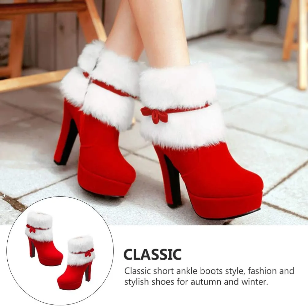 Christmas Ankle Boots Winter High Heel Platform Boot Plush Zipper Ankle Shoes Women Winter Short Boot with Bow Decor