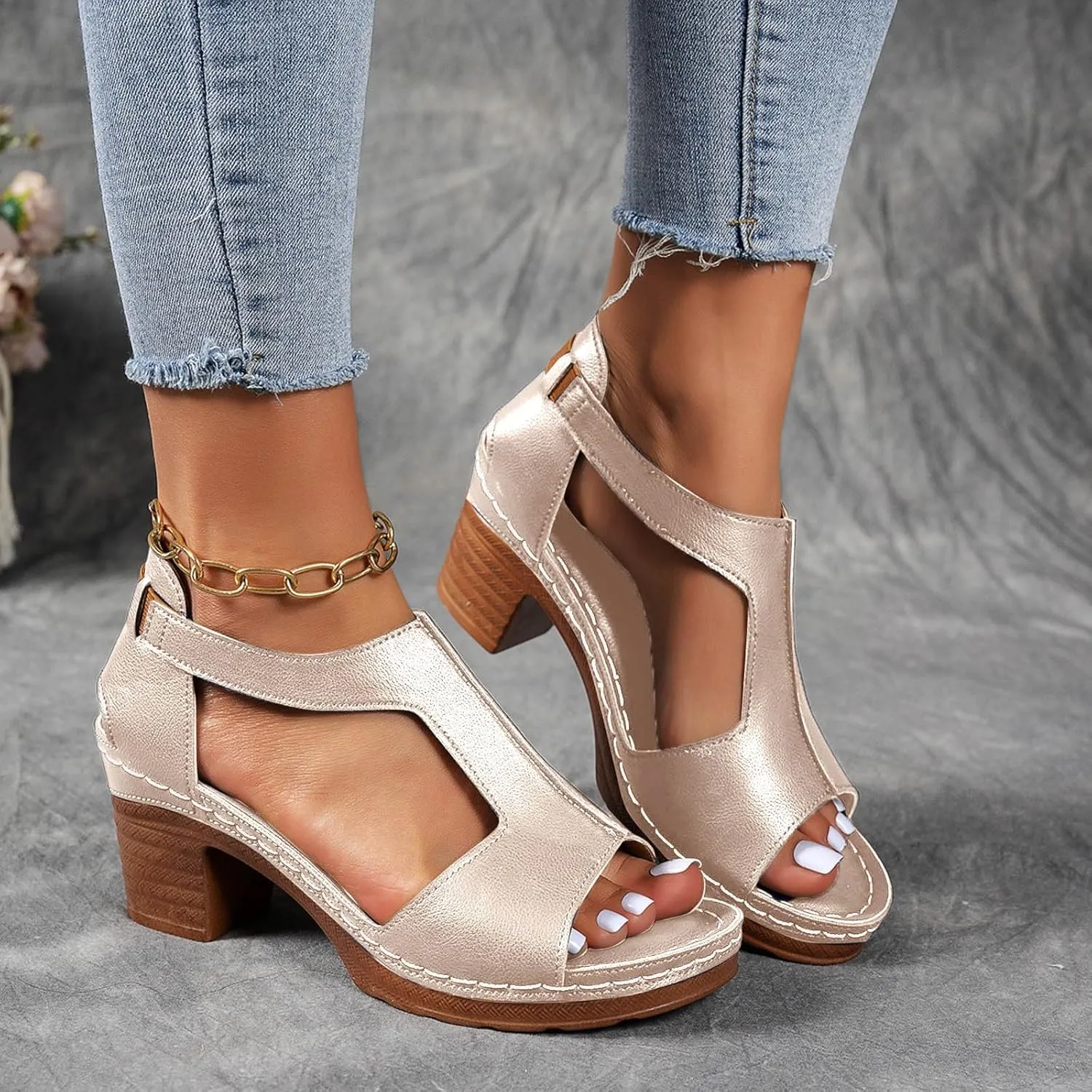 Chunky Heel Sandals for Women Platform Wedges Open Toe Wedges Heels Dressy Summer Comfortable Platform Sandals Ankle Strap Low Heels Casual Hollow Out Shoes Work Sandal for Women Office