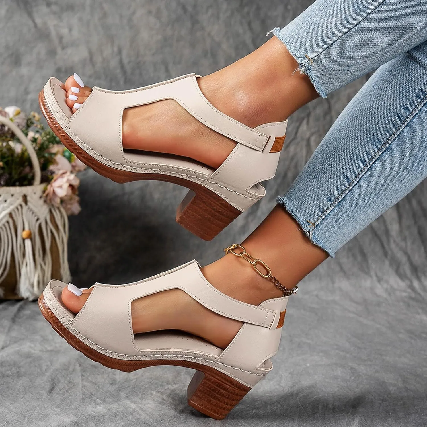 Chunky Heel Sandals for Women Platform Wedges Open Toe Wedges Heels Dressy Summer Comfortable Platform Sandals Ankle Strap Low Heels Casual Hollow Out Shoes Work Sandal for Women Office