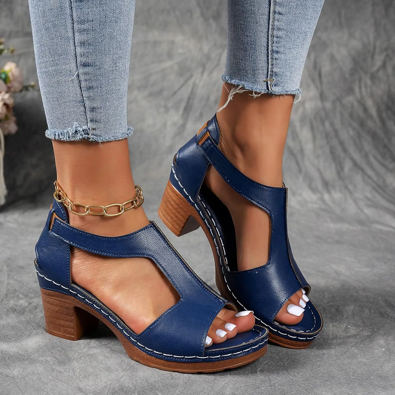 Chunky Heel Sandals for Women Platform Wedges Open Toe Wedges Heels Dressy Summer Comfortable Platform Sandals Ankle Strap Low Heels Casual Hollow Out Shoes Work Sandal for Women Office