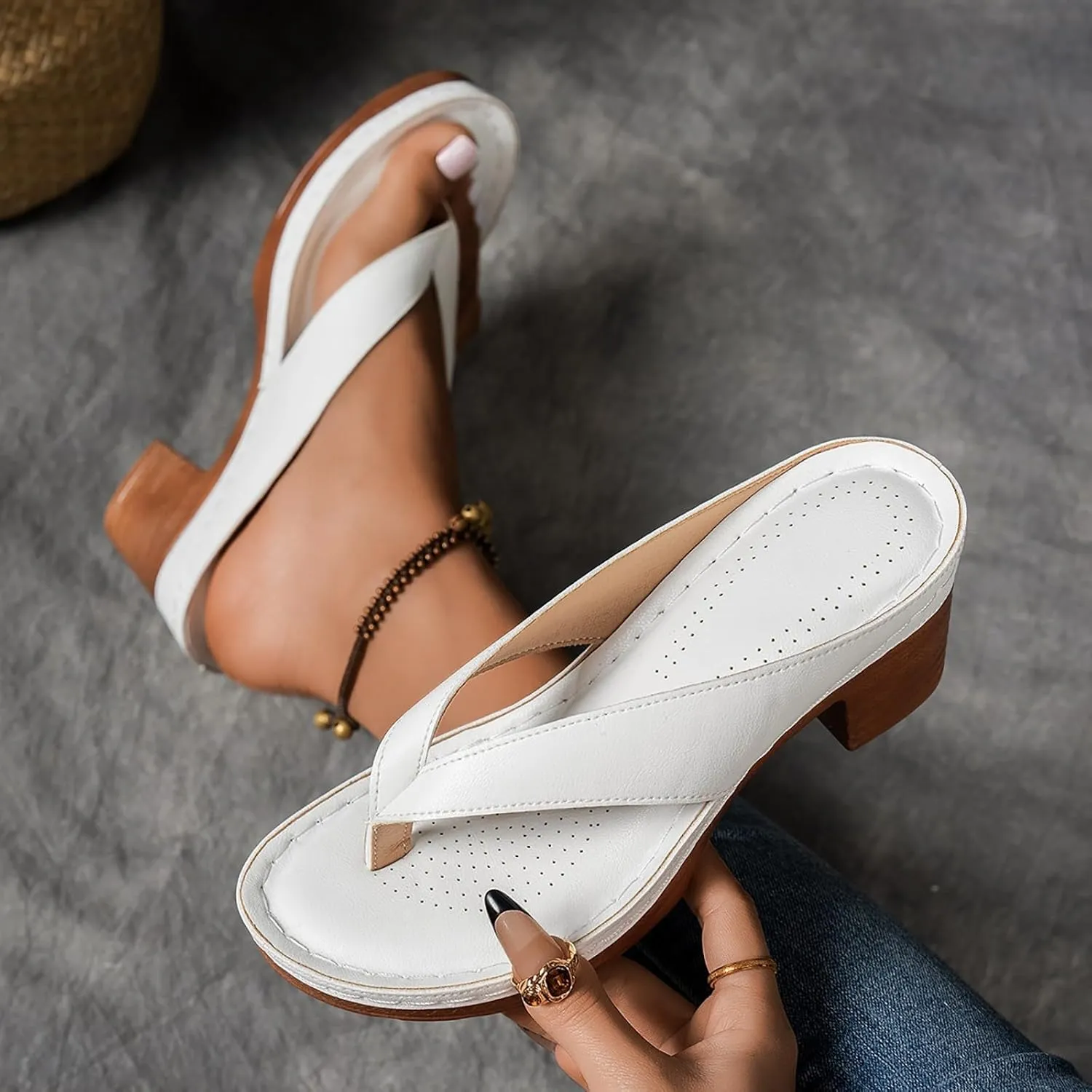 Chunky Heel Sandals for Women Summer Dressy 2025 Arch Support Comfortable Orthopedic Slip-On Open Toe Heeled Flip Flops Bridal Party Wedding Shoes Casual Wedge Thong Sandals (1-White, 9)