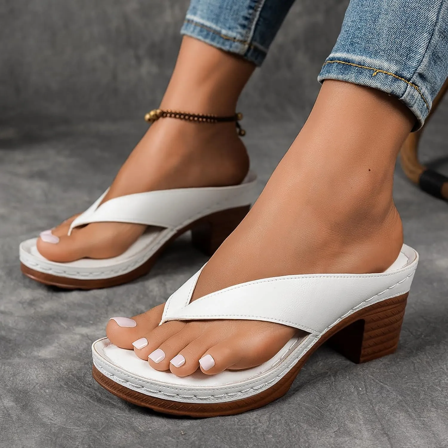 Chunky Heel Sandals for Women Summer Dressy 2025 Arch Support Comfortable Orthopedic Slip-On Open Toe Heeled Flip Flops Bridal Party Wedding Shoes Casual Wedge Thong Sandals (1-White, 9)