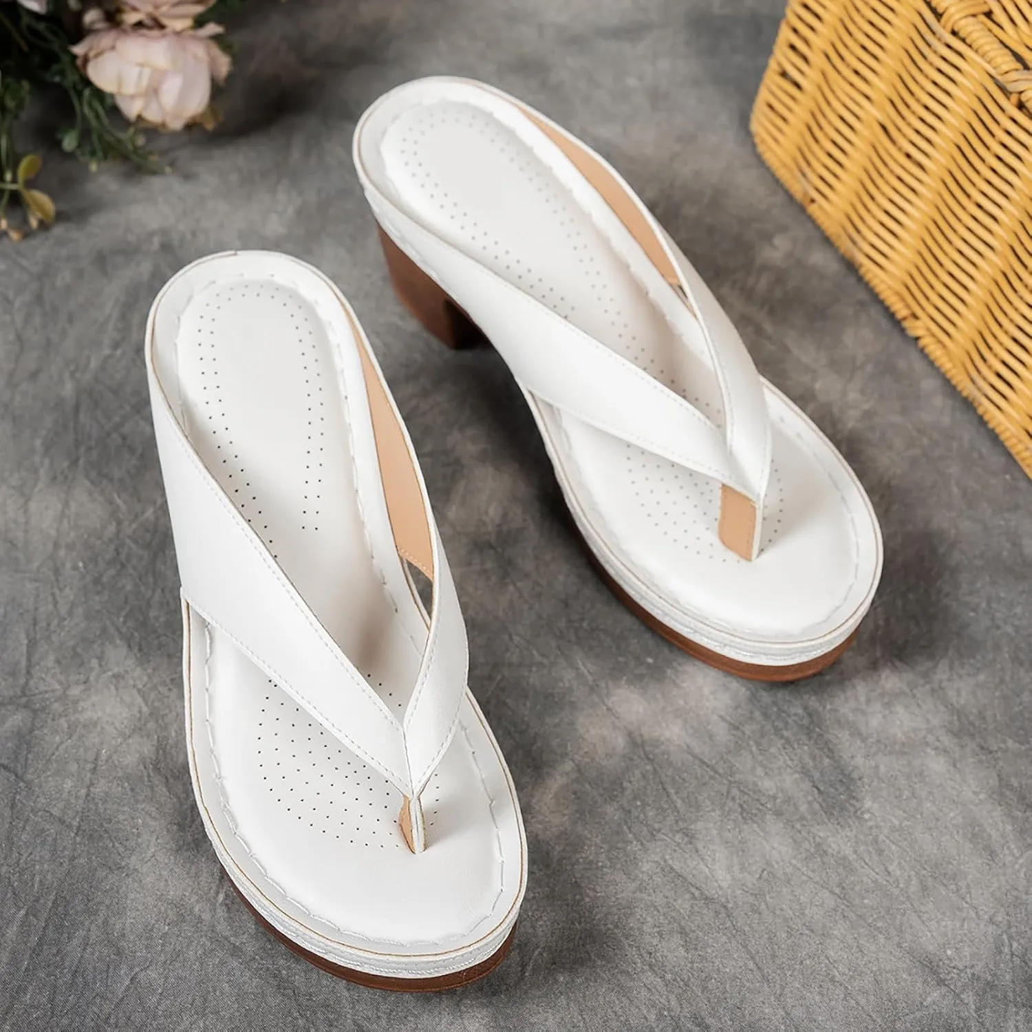 Chunky Heel Sandals for Women Summer Dressy 2025 Arch Support Comfortable Orthopedic Slip-On Open Toe Heeled Flip Flops Bridal Party Wedding Shoes Casual Wedge Thong Sandals (1-White, 9)