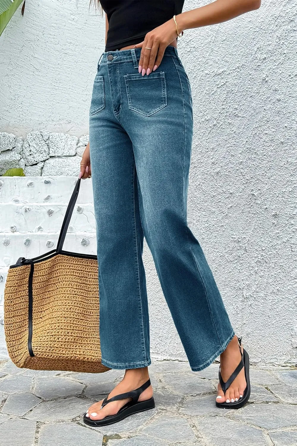 Cicy Bell Women's High Waisted Baggy Jeans Wide Leg Stretch Vintage Denim Pants with Front Pockets