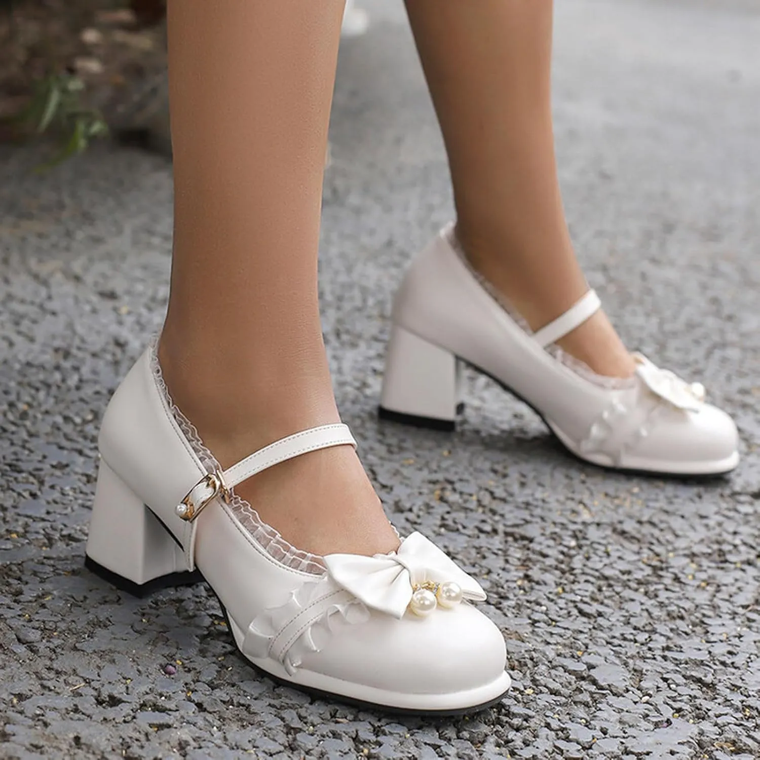 Closed Toe Mary Jane Heel Ladies Retro Single Shoes Chunky Heel Mary Jane Shoes Bowknot College Large Women's