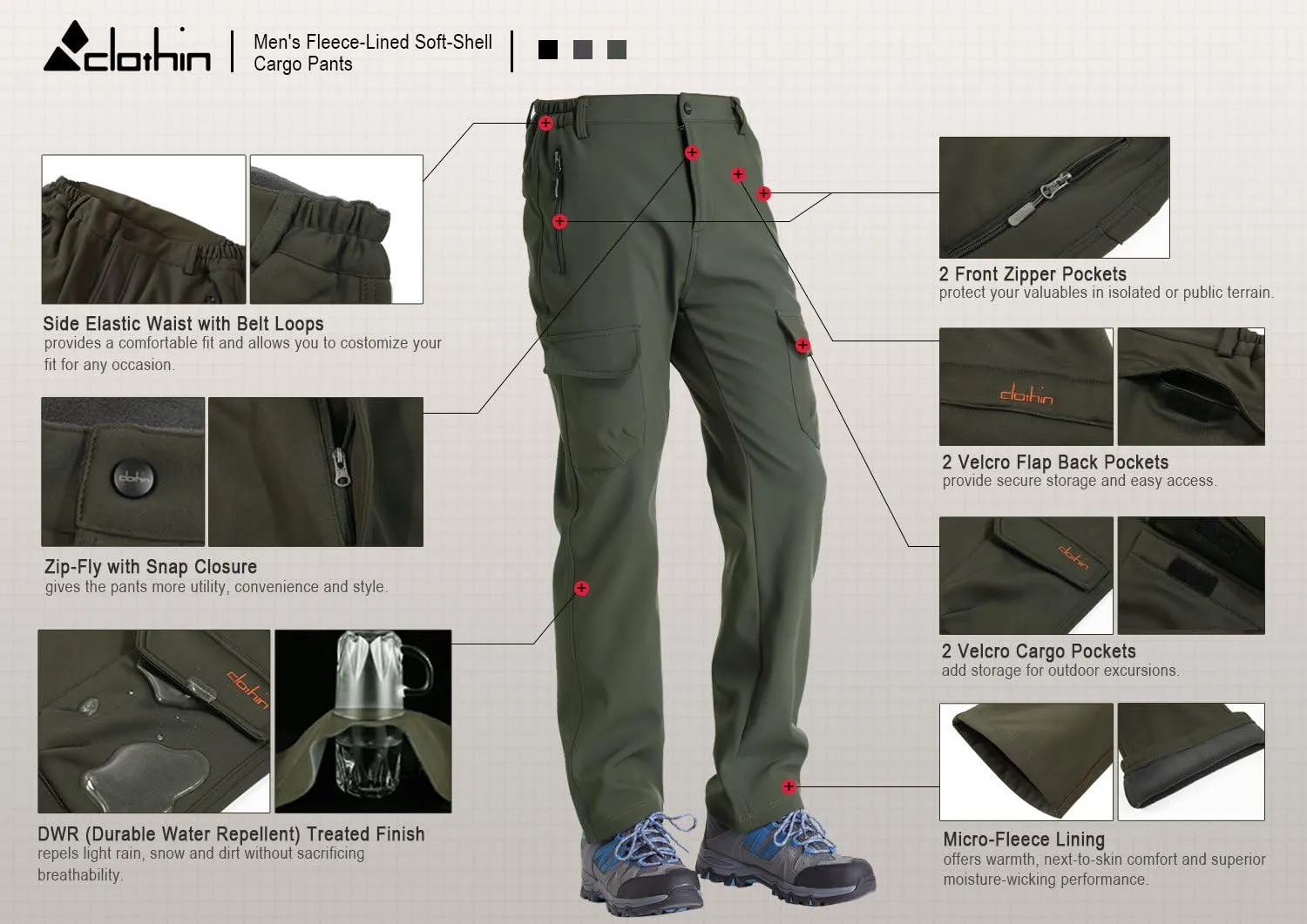 clothin Men's Insulated Pants Fleece Lined Snow Pants Softshell Water and Wind-Resistant