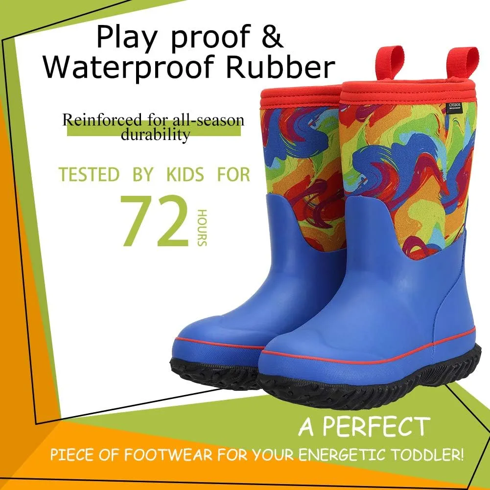 CNSBOR Kids Waterproof Insulated Rubber Neoprene Rain Boots with Easy on Rainboot for Youth