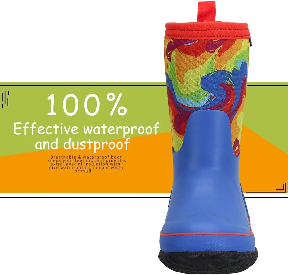 CNSBOR Kids Waterproof Insulated Rubber Neoprene Rain Boots with Easy on Rainboot for Youth