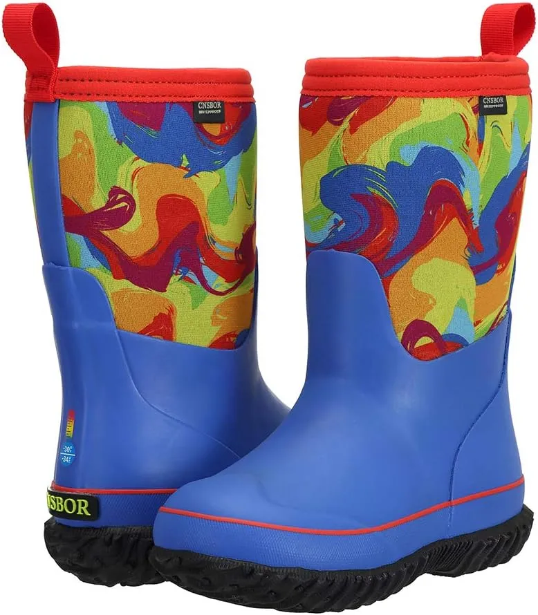 CNSBOR Kids Waterproof Insulated Rubber Neoprene Rain Boots with Easy on Rainboot for Youth