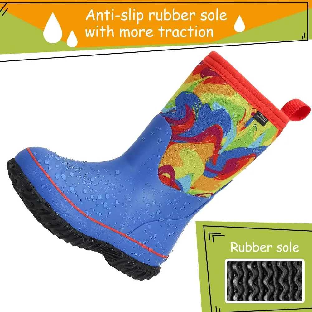 CNSBOR Kids Waterproof Insulated Rubber Neoprene Rain Boots with Easy on Rainboot for Youth