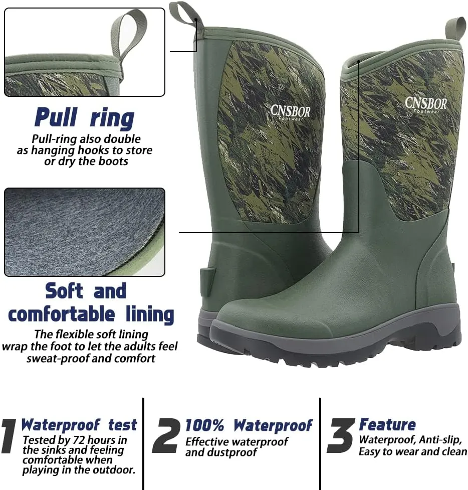 CNSBOR Men's Rain Boots - Waterproof Rubber Insulated Boots for Fishing, Agriculture & Industrial Working