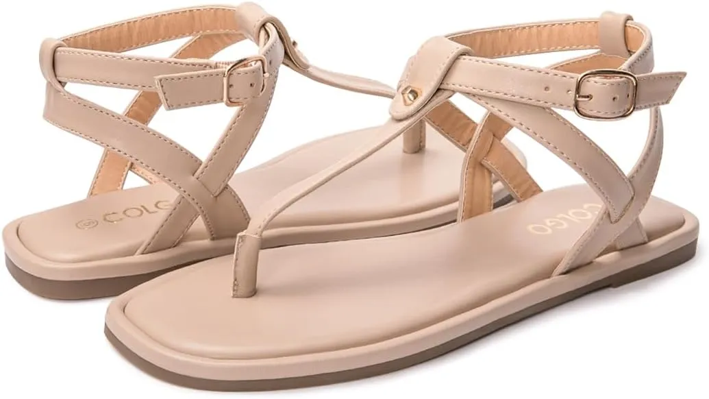 Colgo Thong Flat Sandals, Casual Women T-Strap Dress Sandals with Adjustable Ankle Buckle for Summer Wedding