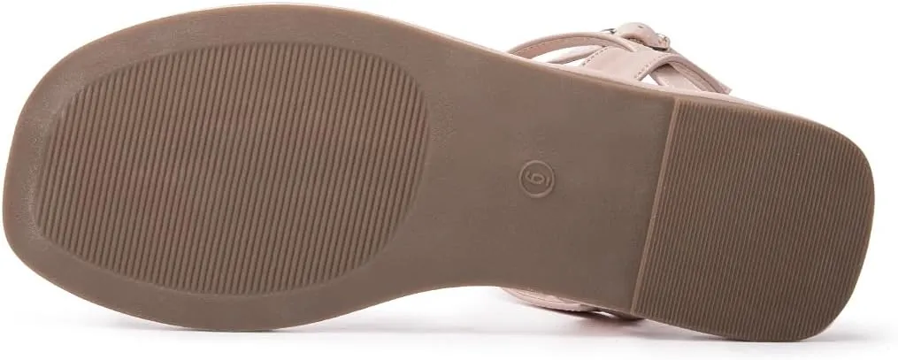 Colgo Thong Flat Sandals, Casual Women T-Strap Dress Sandals with Adjustable Ankle Buckle for Summer Wedding