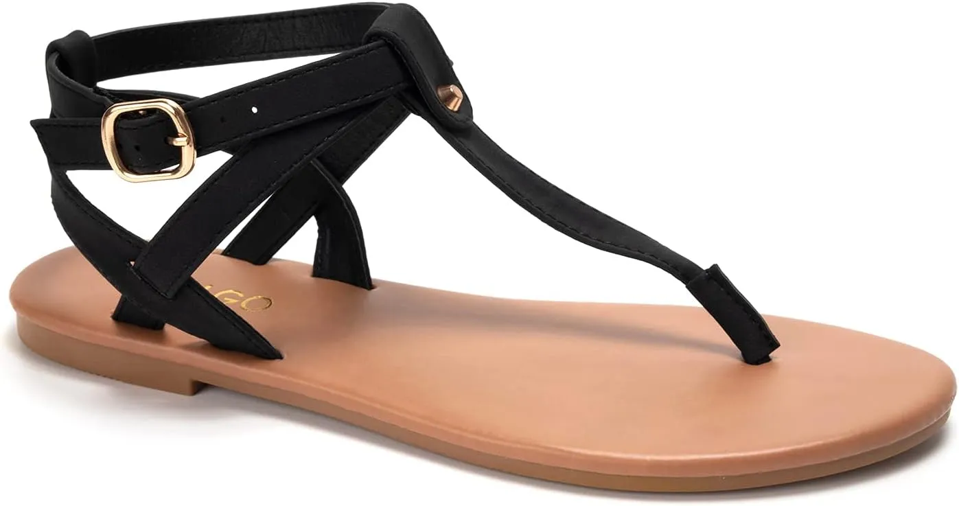 Colgo Thong Flat Sandals, Casual Women T-Strap Dress Sandals with Adjustable Ankle Buckle for Summer Wedding