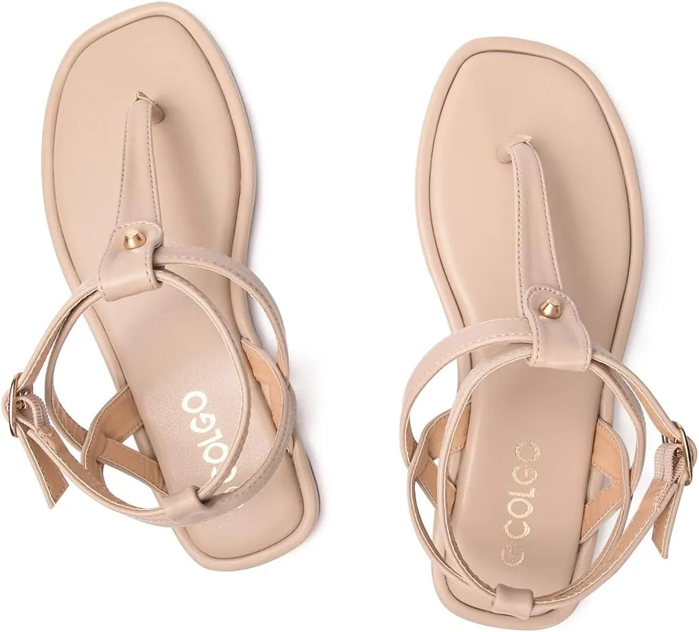Colgo Thong Flat Sandals, Casual Women T-Strap Dress Sandals with Adjustable Ankle Buckle for Summer Wedding