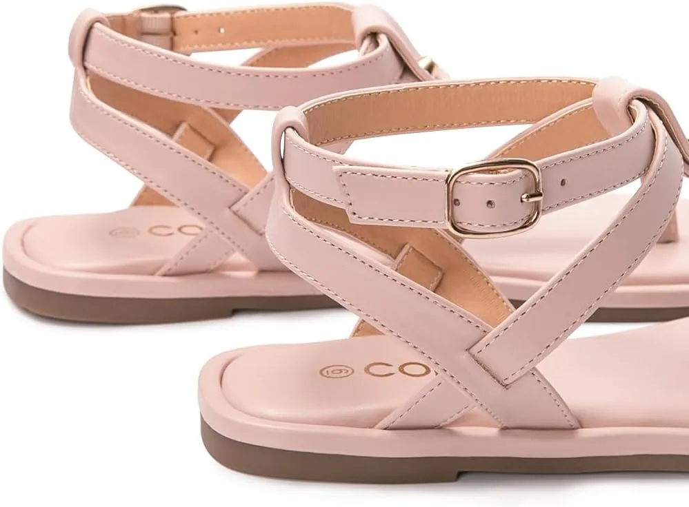 Colgo Thong Flat Sandals, Casual Women T-Strap Dress Sandals with Adjustable Ankle Buckle for Summer Wedding