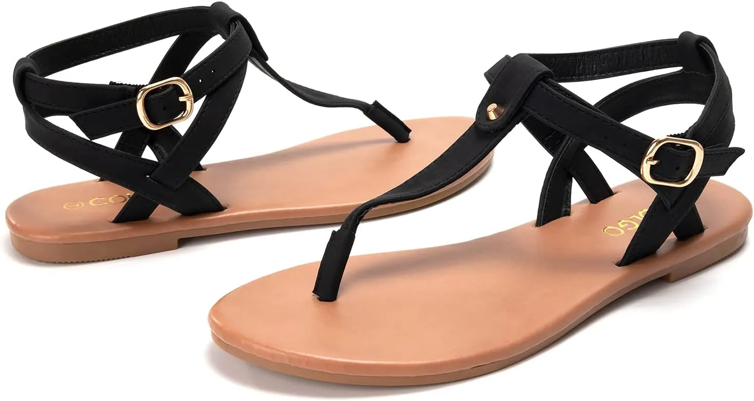 Colgo Thong Flat Sandals, Casual Women T-Strap Dress Sandals with Adjustable Ankle Buckle for Summer Wedding
