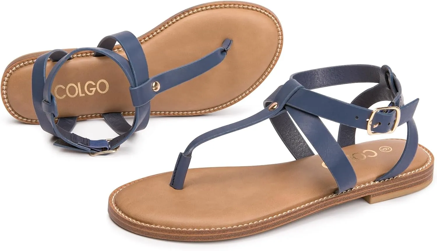 Colgo Thong Flat Sandals, Casual Women T-Strap Dress Sandals with Adjustable Ankle Buckle for Summer Wedding
