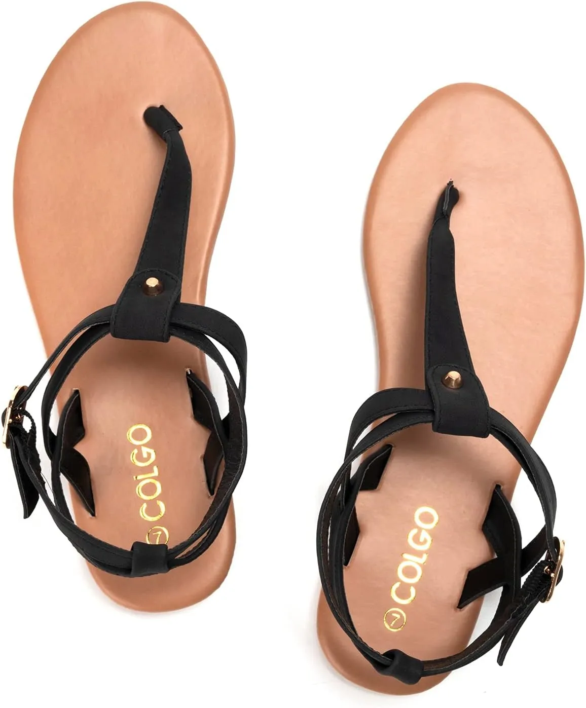 Colgo Thong Flat Sandals, Casual Women T-Strap Dress Sandals with Adjustable Ankle Buckle for Summer Wedding
