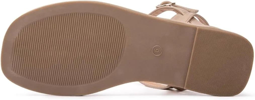 Colgo Thong Flat Sandals, Casual Women T-Strap Dress Sandals with Adjustable Ankle Buckle for Summer Wedding