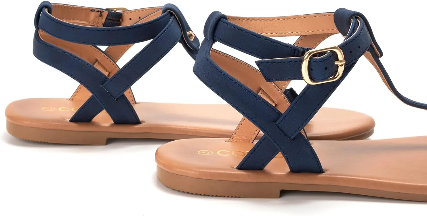 Colgo Thong Flat Sandals, Casual Women T-Strap Dress Sandals with Adjustable Ankle Buckle for Summer Wedding