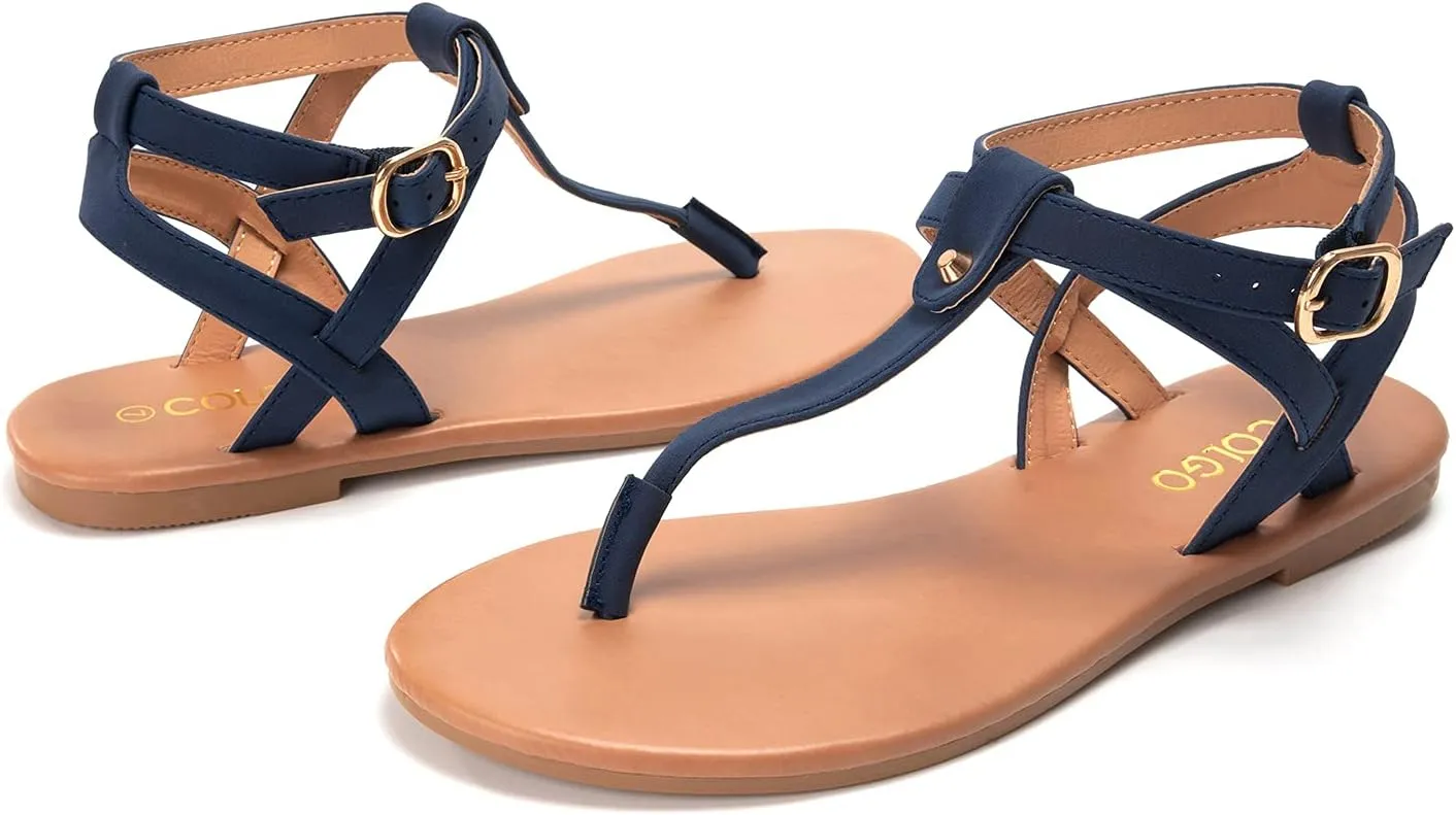 Colgo Thong Flat Sandals, Casual Women T-Strap Dress Sandals with Adjustable Ankle Buckle for Summer Wedding