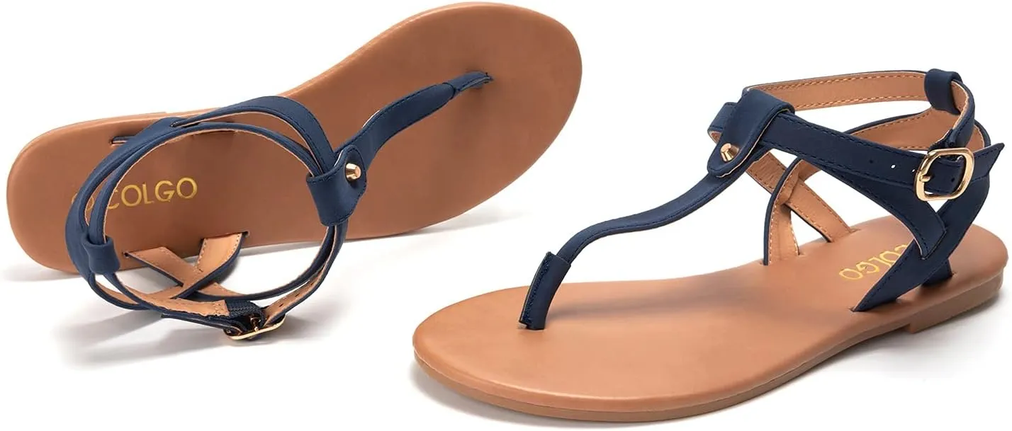 Colgo Thong Flat Sandals, Casual Women T-Strap Dress Sandals with Adjustable Ankle Buckle for Summer Wedding