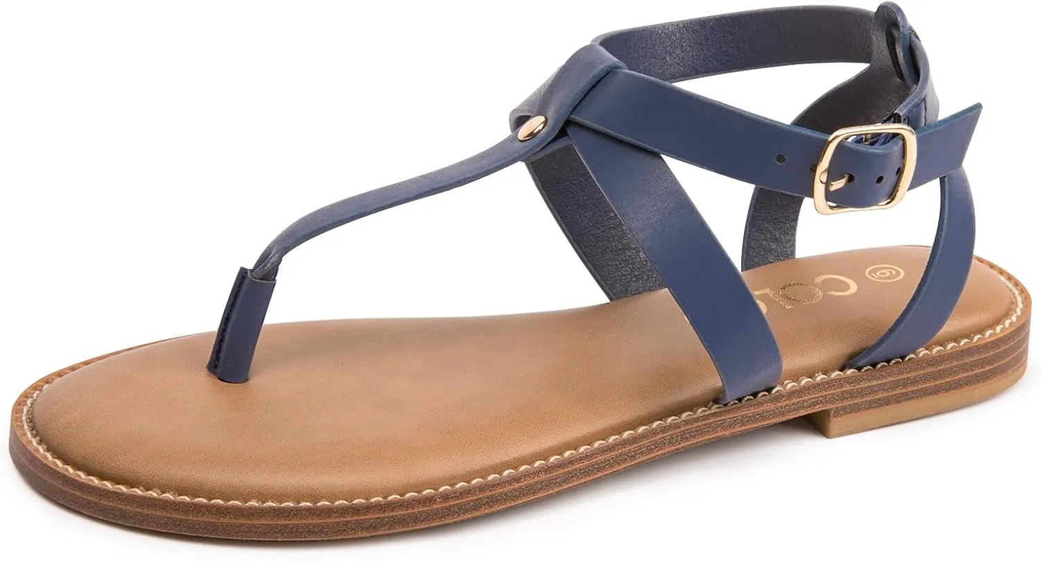 Colgo Thong Flat Sandals, Casual Women T-Strap Dress Sandals with Adjustable Ankle Buckle for Summer Wedding