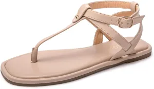 Colgo Thong Flat Sandals, Casual Women T-Strap Dress Sandals with Adjustable Ankle Buckle for Summer Wedding