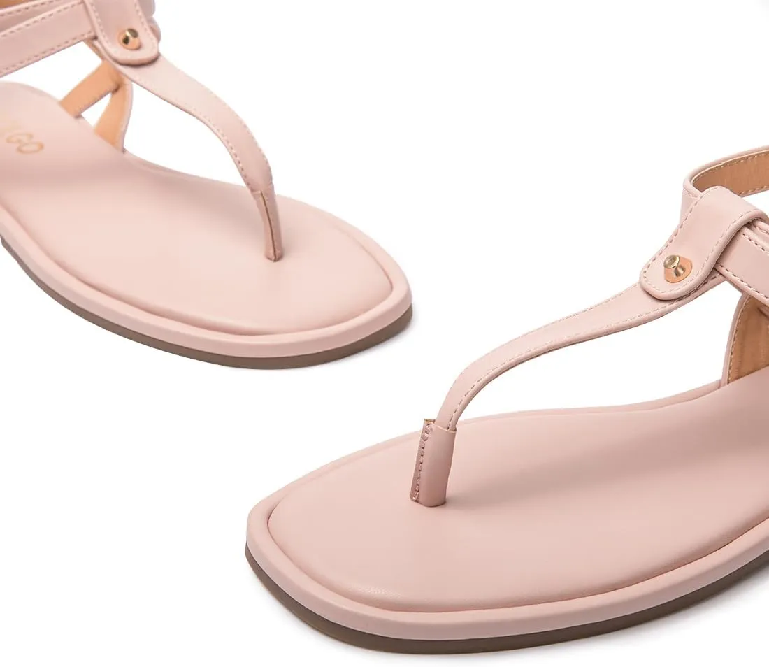 Colgo Thong Flat Sandals, Casual Women T-Strap Dress Sandals with Adjustable Ankle Buckle for Summer Wedding