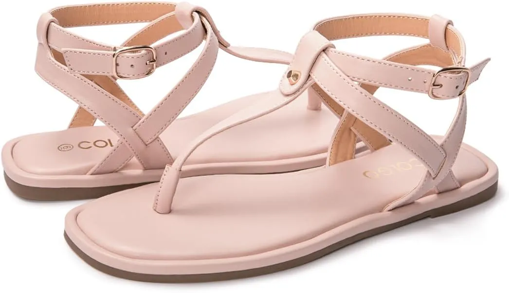 Colgo Thong Flat Sandals, Casual Women T-Strap Dress Sandals with Adjustable Ankle Buckle for Summer Wedding