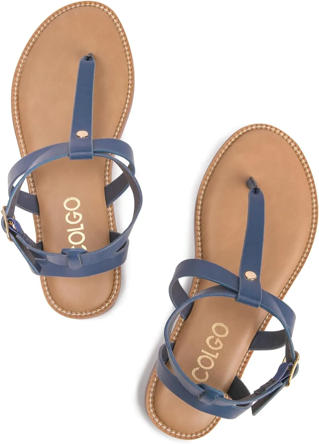 Colgo Thong Flat Sandals, Casual Women T-Strap Dress Sandals with Adjustable Ankle Buckle for Summer Wedding