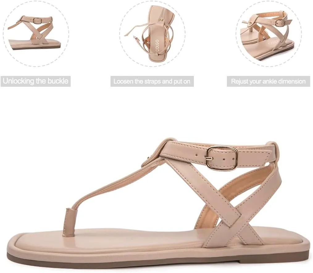 Colgo Thong Flat Sandals, Casual Women T-Strap Dress Sandals with Adjustable Ankle Buckle for Summer Wedding