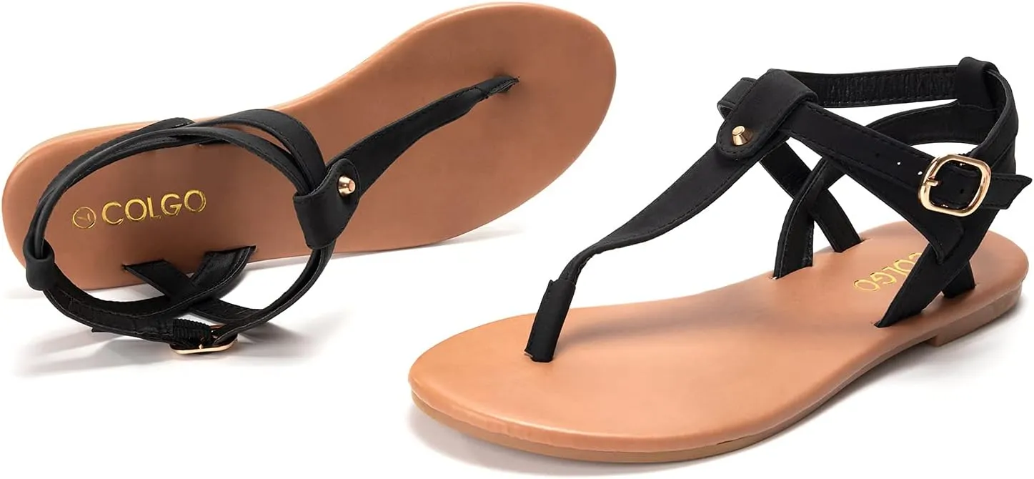 Colgo Thong Flat Sandals, Casual Women T-Strap Dress Sandals with Adjustable Ankle Buckle for Summer Wedding
