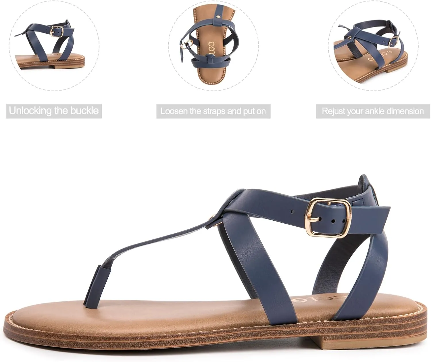 Colgo Thong Flat Sandals, Casual Women T-Strap Dress Sandals with Adjustable Ankle Buckle for Summer Wedding
