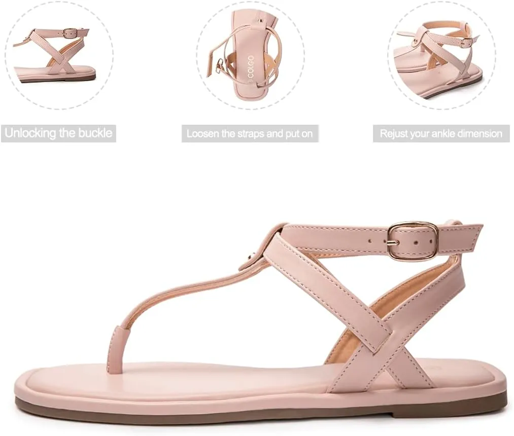 Colgo Thong Flat Sandals, Casual Women T-Strap Dress Sandals with Adjustable Ankle Buckle for Summer Wedding