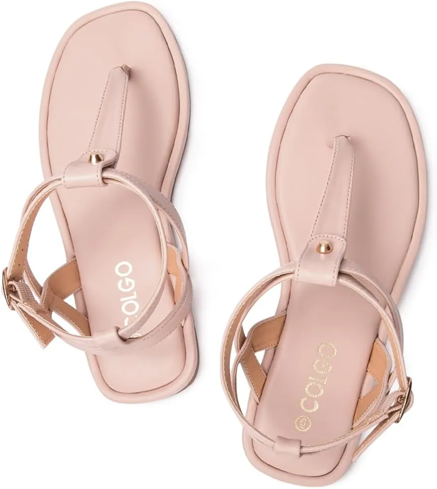 Colgo Thong Flat Sandals, Casual Women T-Strap Dress Sandals with Adjustable Ankle Buckle for Summer Wedding