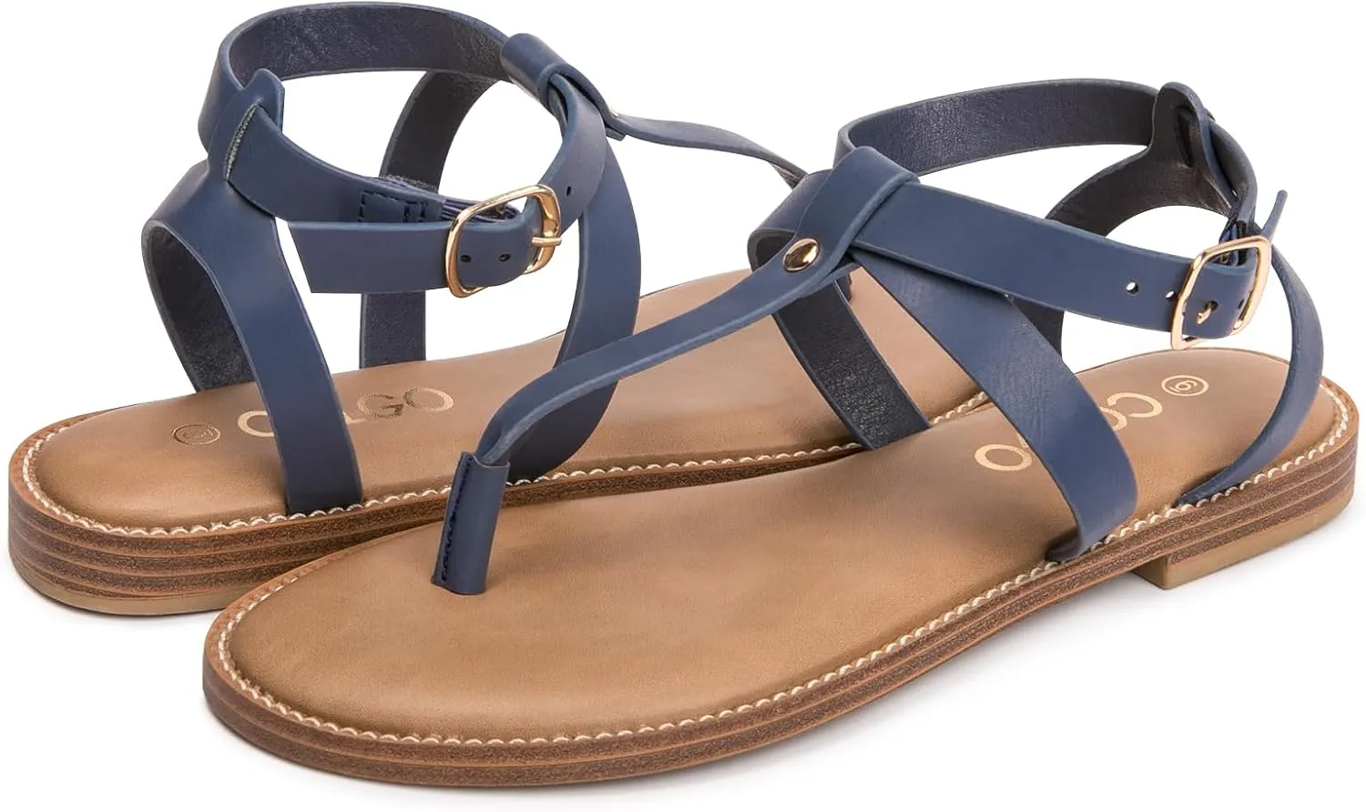 Colgo Thong Flat Sandals, Casual Women T-Strap Dress Sandals with Adjustable Ankle Buckle for Summer Wedding