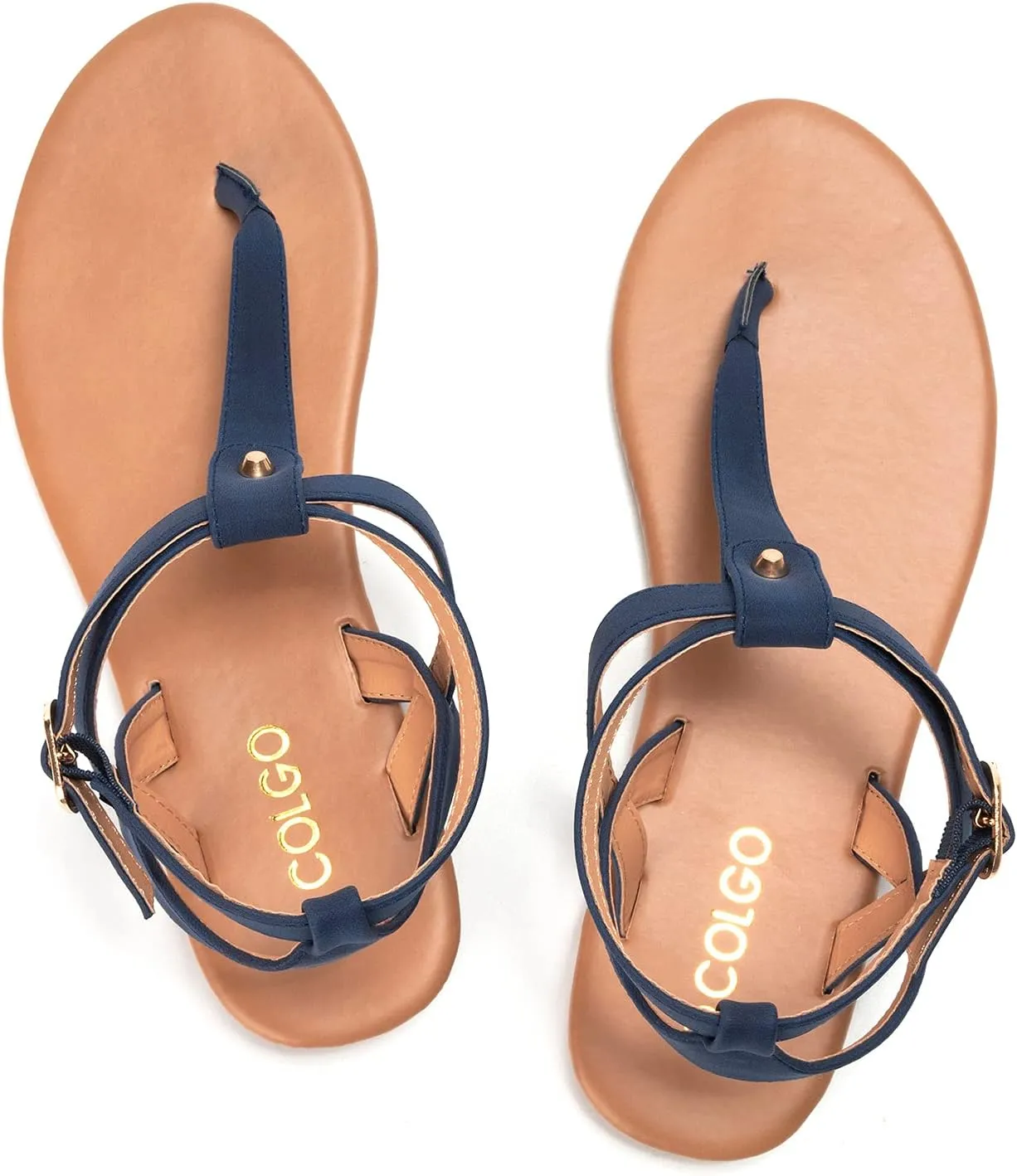 Colgo Thong Flat Sandals, Casual Women T-Strap Dress Sandals with Adjustable Ankle Buckle for Summer Wedding