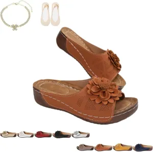 Comfortable Non-Slip Solid Color Open-Toe Wedge Sandals for Women, Women's Lightweight Flowers Open Toe Sandals, Mesh Slip-on Wide Casual Slip Arch Support Orthopedic Slides