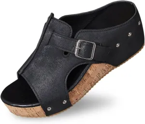Cork Wedge Sandals for Women 2025 Open Toe Buckle Platform Sandals Summer Comfortable Wide Width Leather Wedges, Slip On Platform Walking Shoes