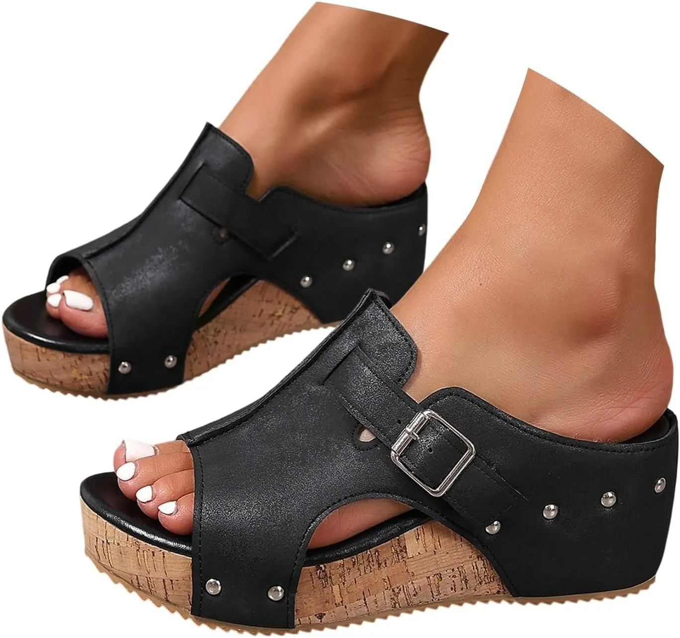 Cork Wedge Sandals for Women 2025 Open Toe Buckle Platform Sandals Summer Comfortable Wide Width Leather Wedges, Slip On Platform Walking Shoes