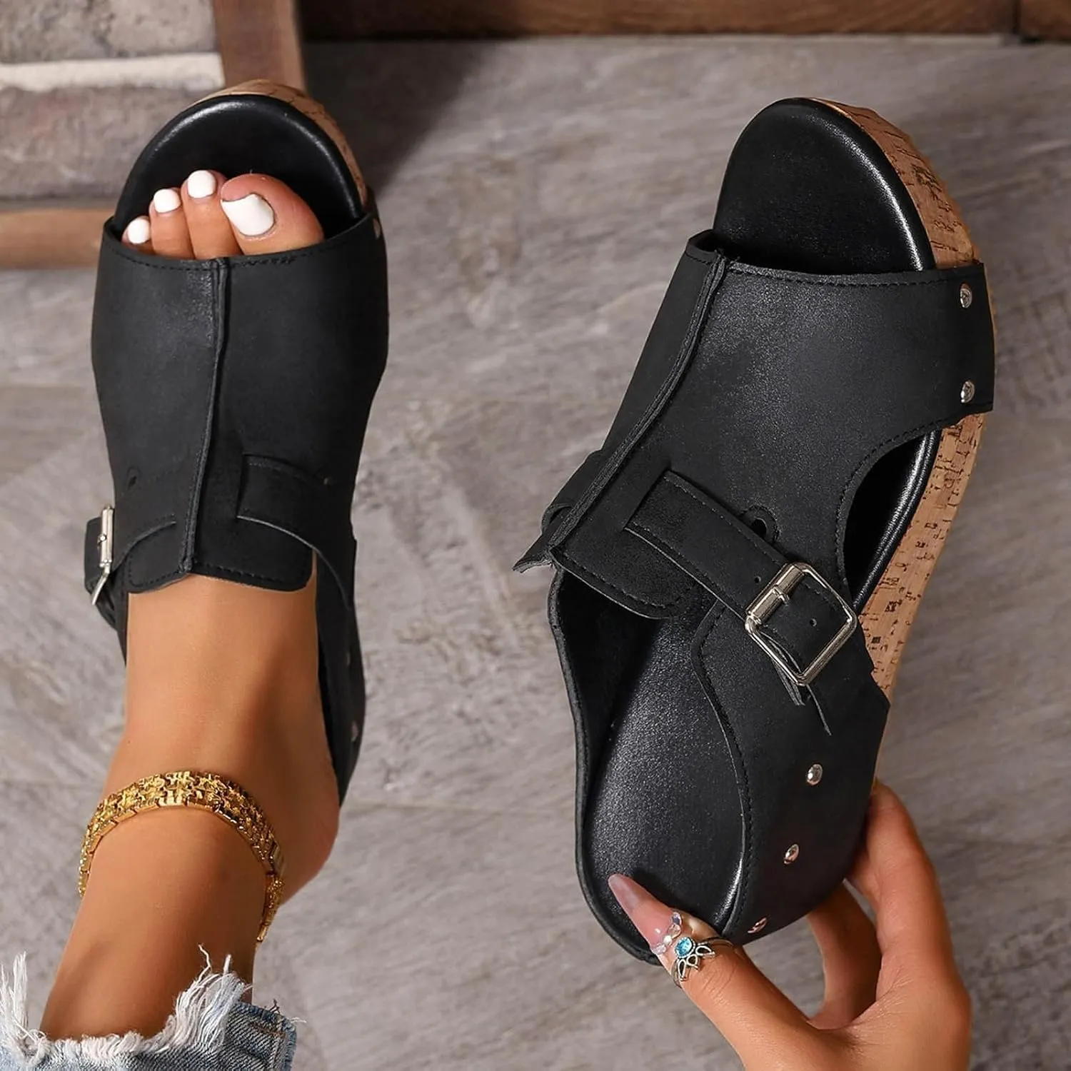 Cork Wedge Sandals for Women 2025 Open Toe Buckle Platform Sandals Summer Comfortable Wide Width Leather Wedges, Slip On Platform Walking Shoes
