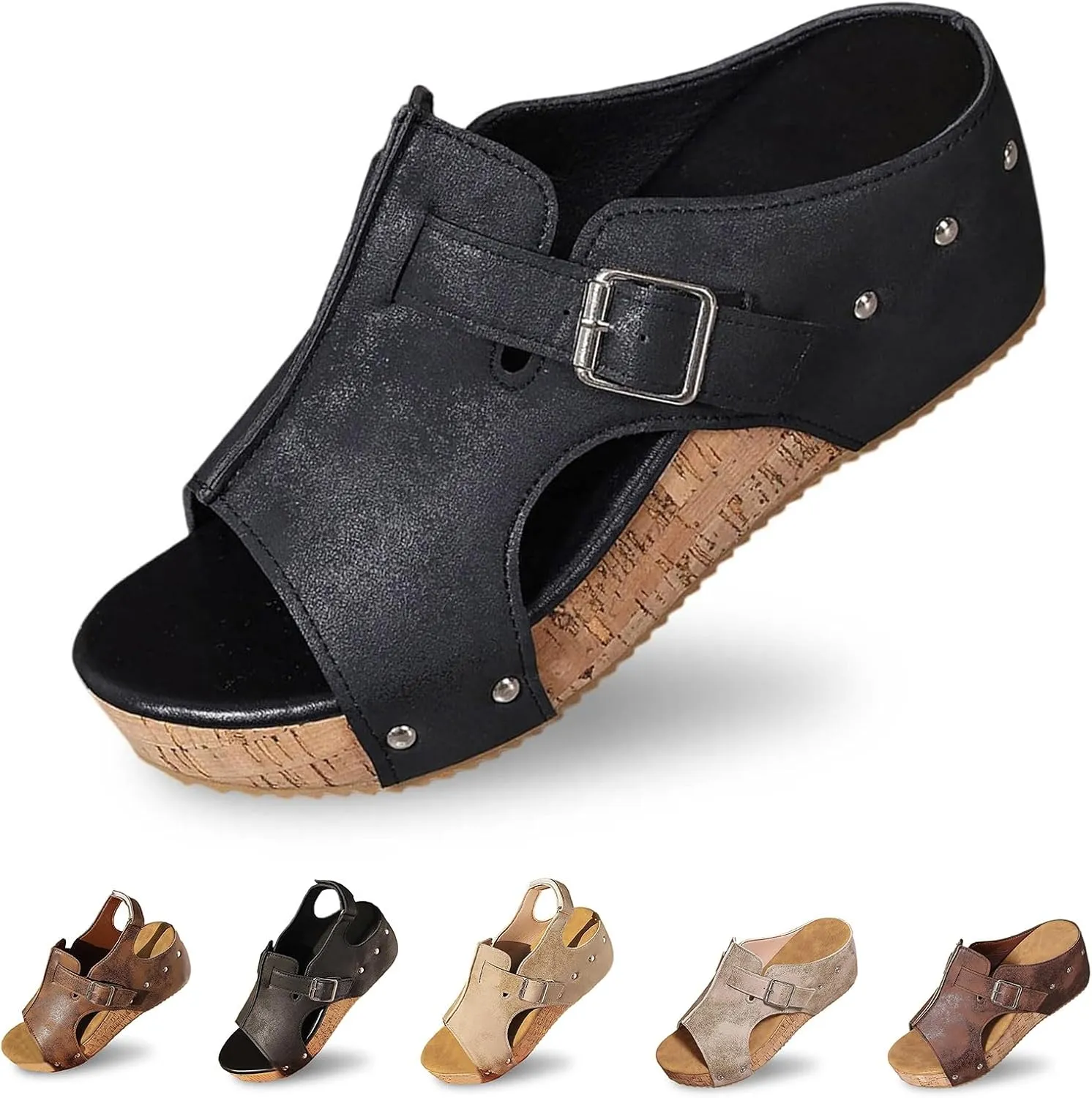 Cork Wedge Sandals for Women 2025 Open Toe Buckle Platform Sandals Summer Comfortable Wide Width Leather Wedges, Slip On Platform Walking Shoes
