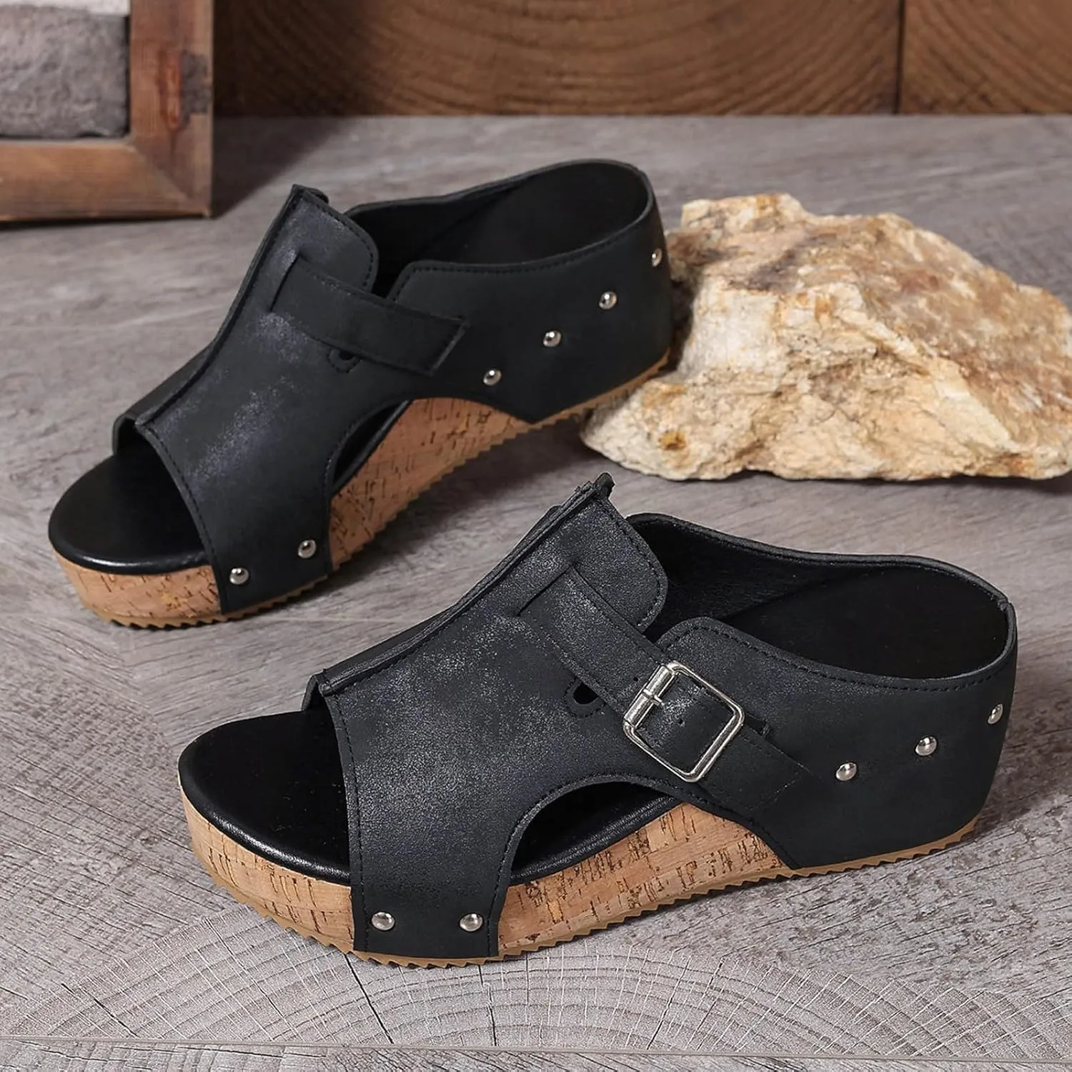 Cork Wedge Sandals for Women 2025 Open Toe Buckle Platform Sandals Summer Comfortable Wide Width Leather Wedges, Slip On Platform Walking Shoes