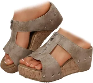 Cork Wedges & Platform Slides, Women's Thick Sole Comfy Leather Wedge Non-slip Slides, Summer Sandals Cork Sandals