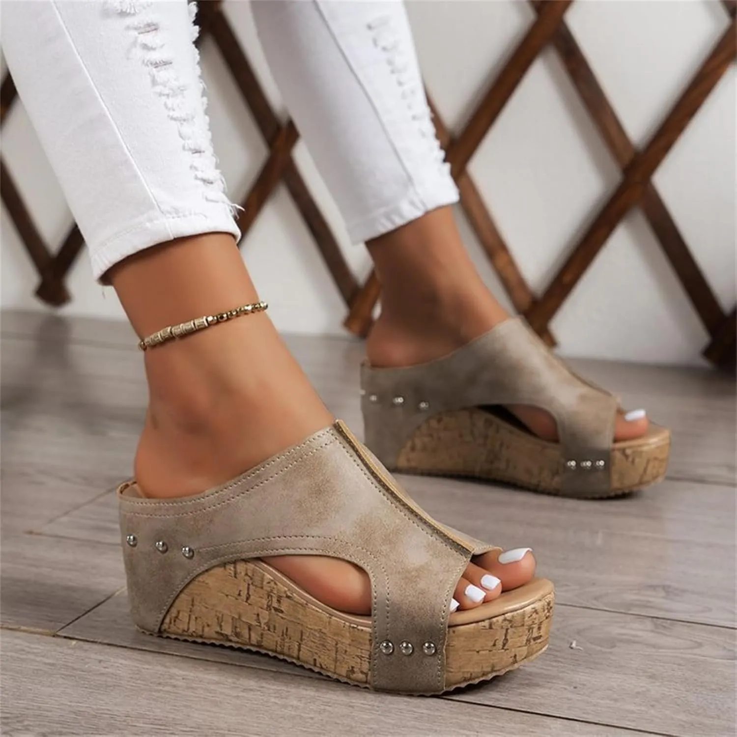 Cork Wedges & Platform Slides, Women's Thick Sole Comfy Leather Wedge Non-slip Summer Sandals,cork wedge sandal for women wide width
